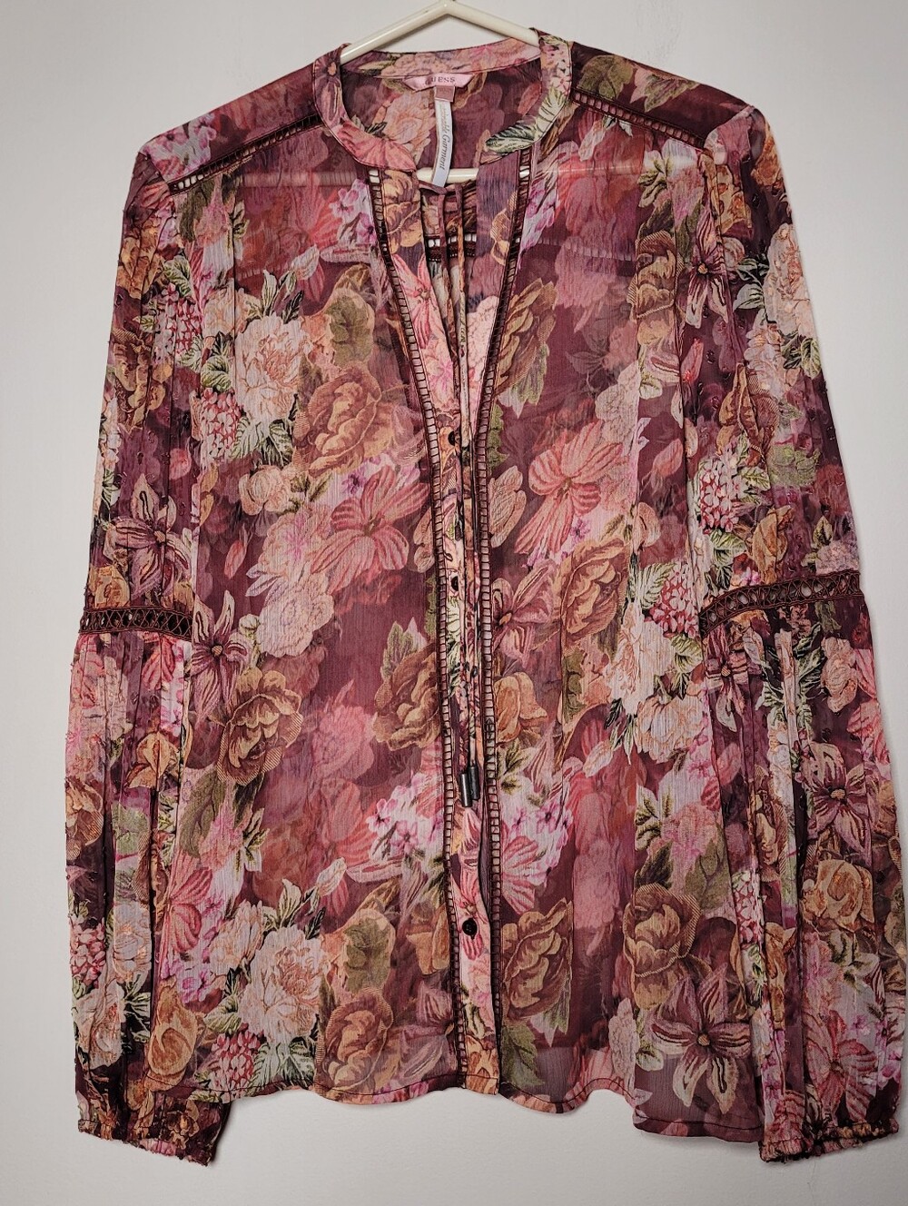 Guess Women Floral Sheer Button Blouse  Boho Peasant Fall Events Sz Large